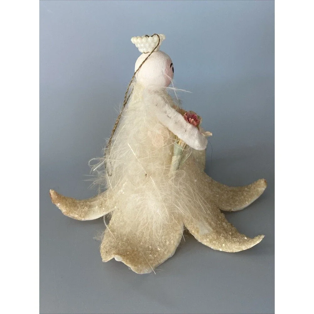 Vintage Christmas Angel Ornament Shelf Sitter Floral Pipecleaner Feathers UNIQUE